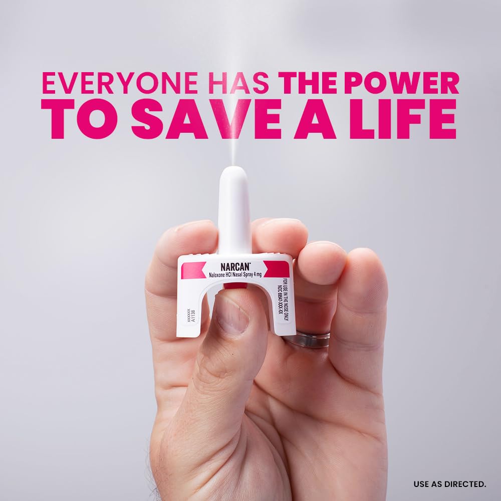 Close-up of a hand holding a Narcan nasal spray with the text "Everyone Has the Power to Save a Life," promoting overdose prevention and emergency response awareness.